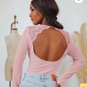 Backless pink lace bodysuit
